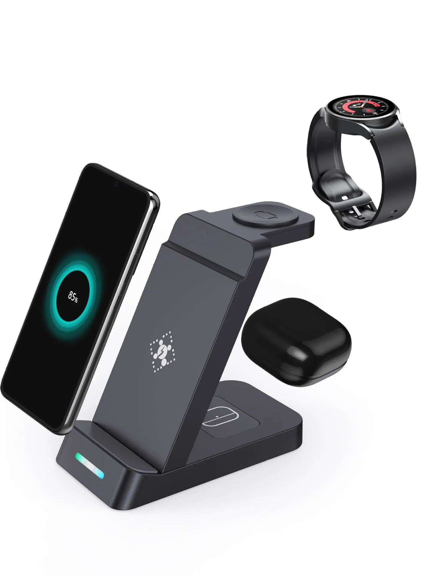 Black and white three-in-one 65W wireless charging station with phone stand for iPhone and Samsung devices
