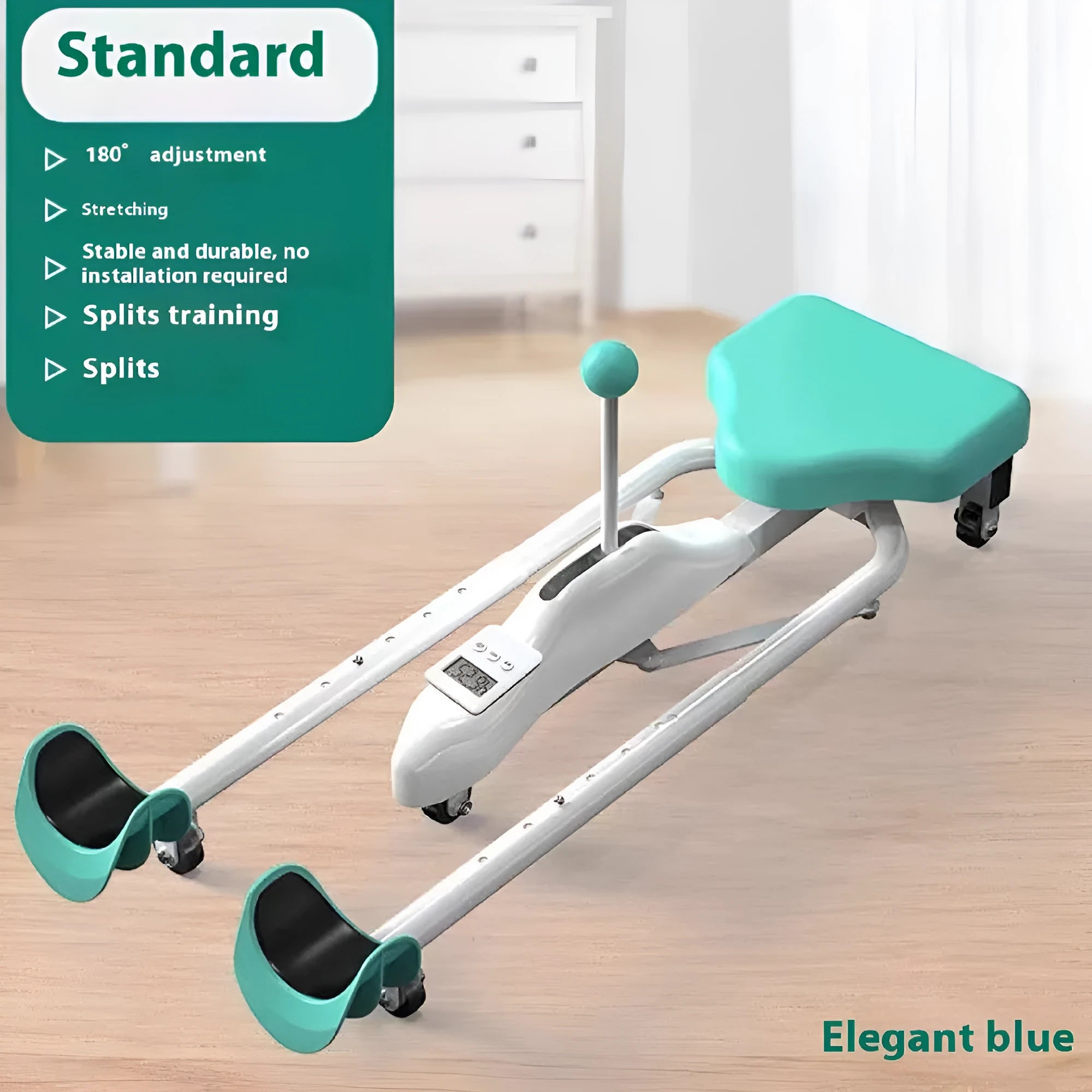 Steel-frame leg stretching device with foam padding in blue colour