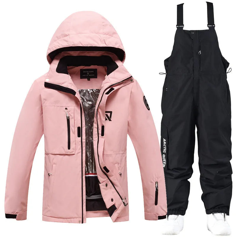 Men's and women's waterproof ski suit in blue with black trousers for winter snow sports