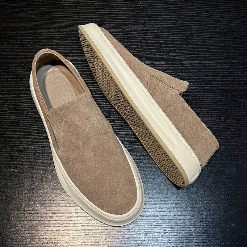 Men's slip-on casual shoes in apricot with round toe, sewing detail, and a mid-height rubber sole.