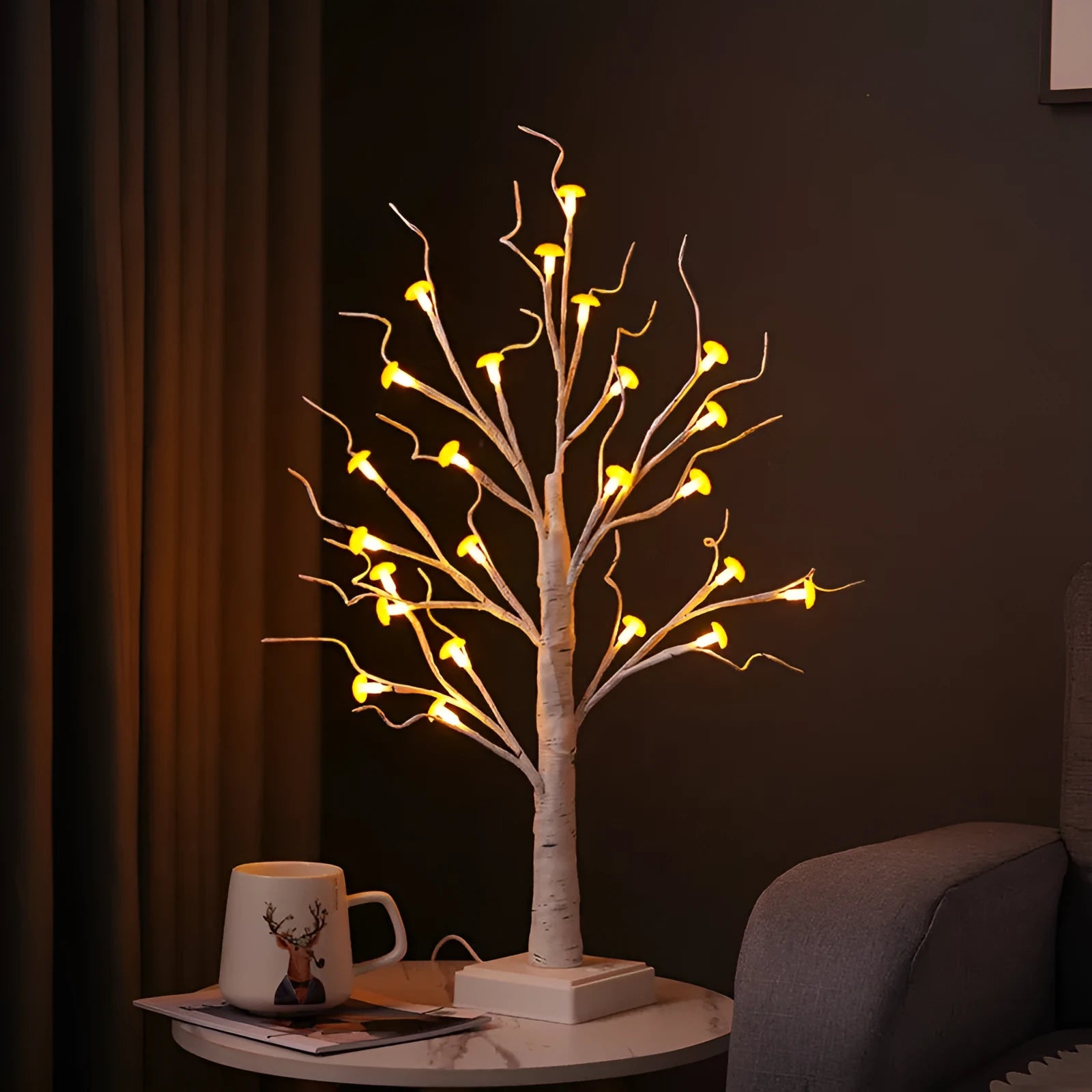 60cm mushroom tree LED lamp with 24 small flowers on birch tree design
