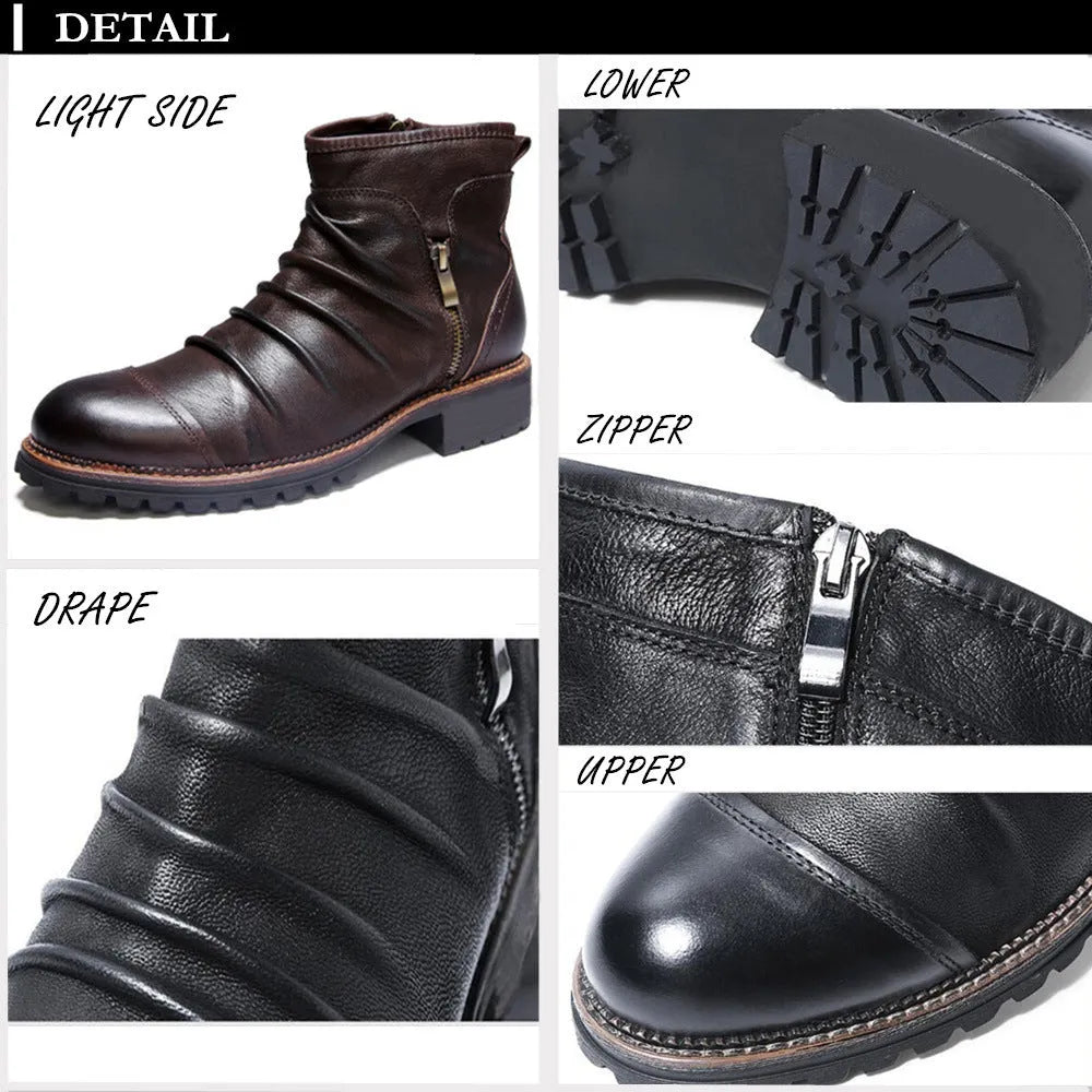 Men's brown side-zip cowboy Martin boots with round toe and horseshoe heel on a wooden background.