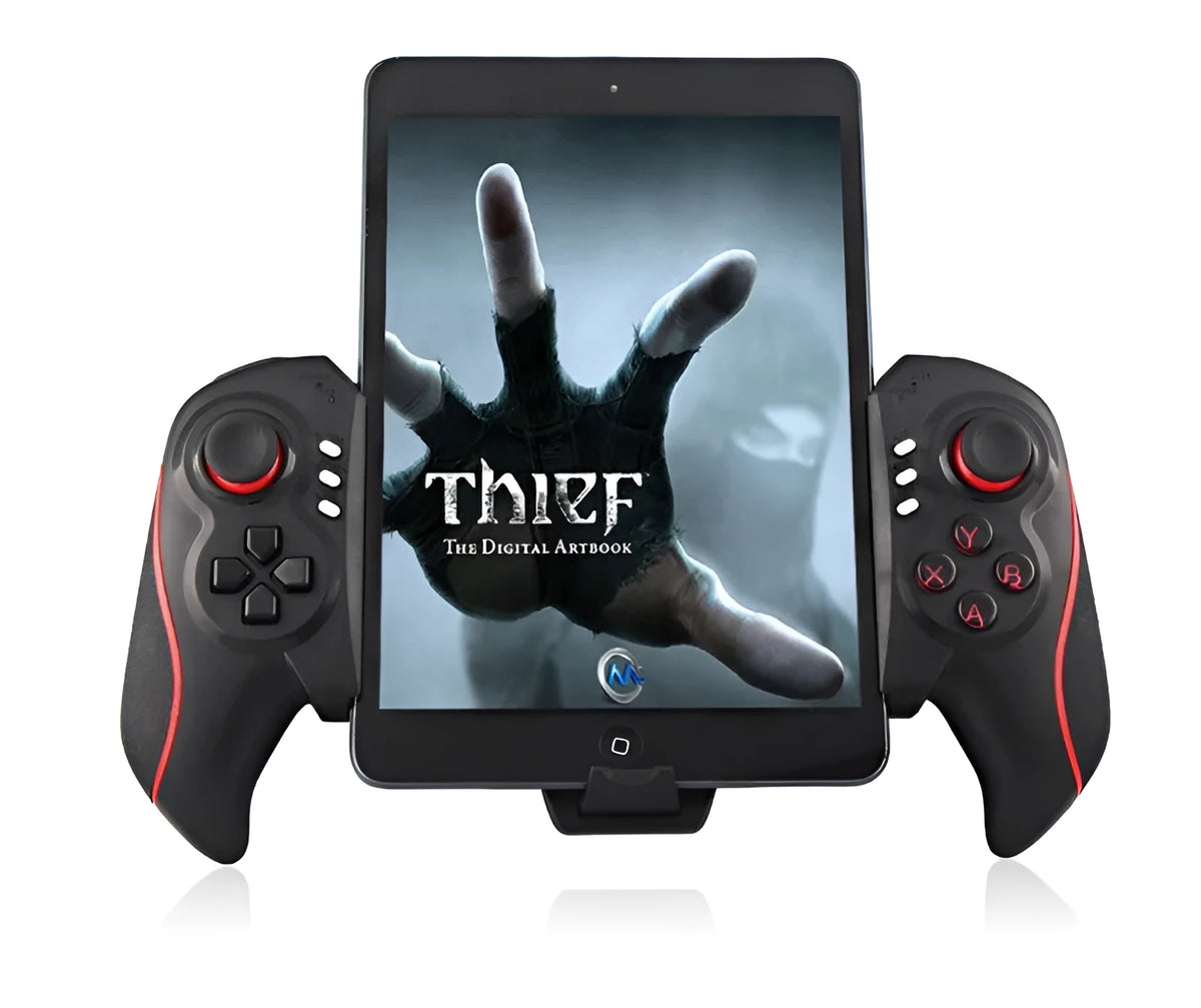 Wireless telescopic game controller holding smartphone with dimensions 24.5cm x 15.5cm x 6.5cm