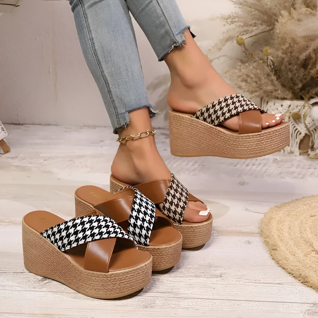 Cross leopard plaid wedge sandals showing brown and black pattern variations with rubber soles