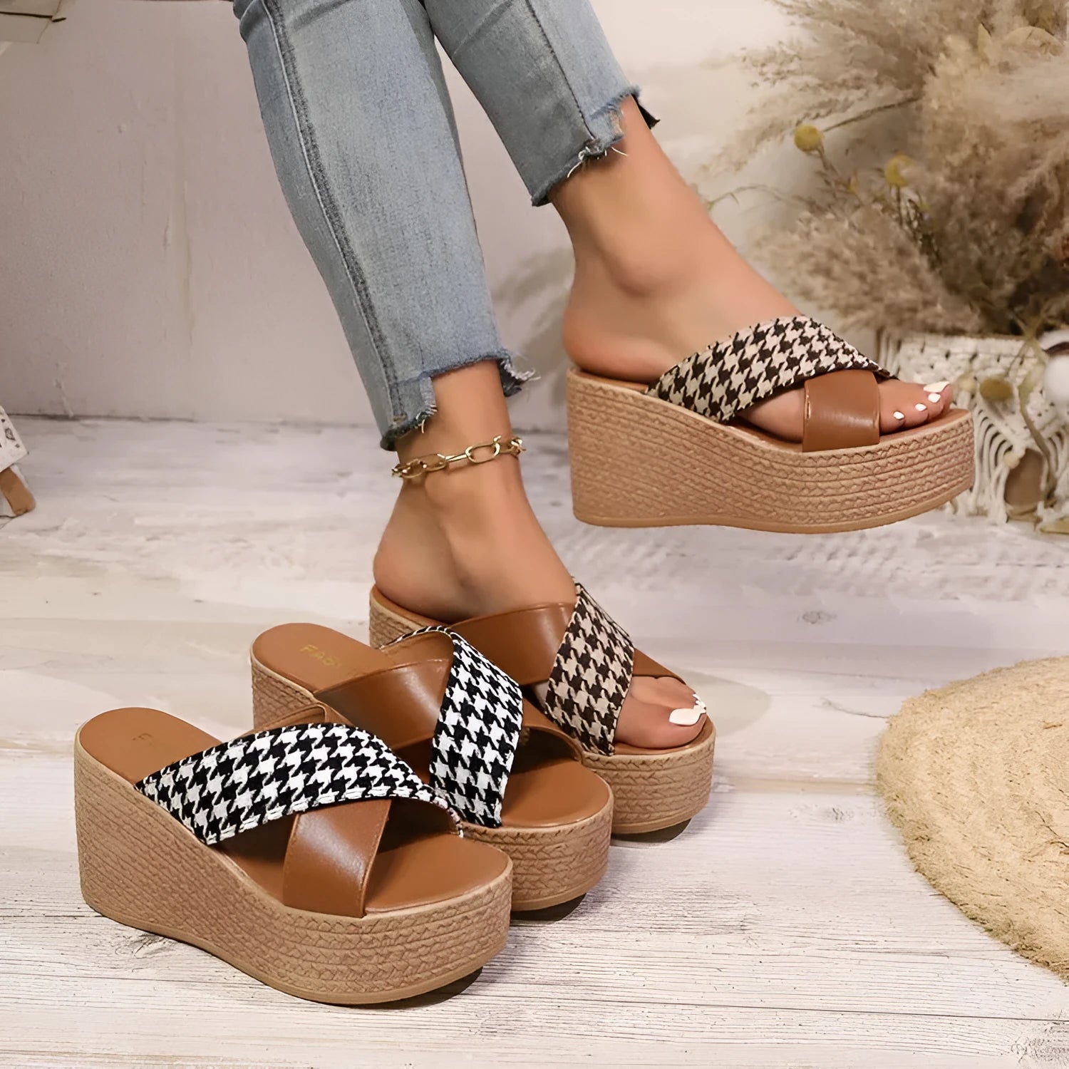Cross leopard plaid wedge sandals showing brown and black pattern variations with rubber soles