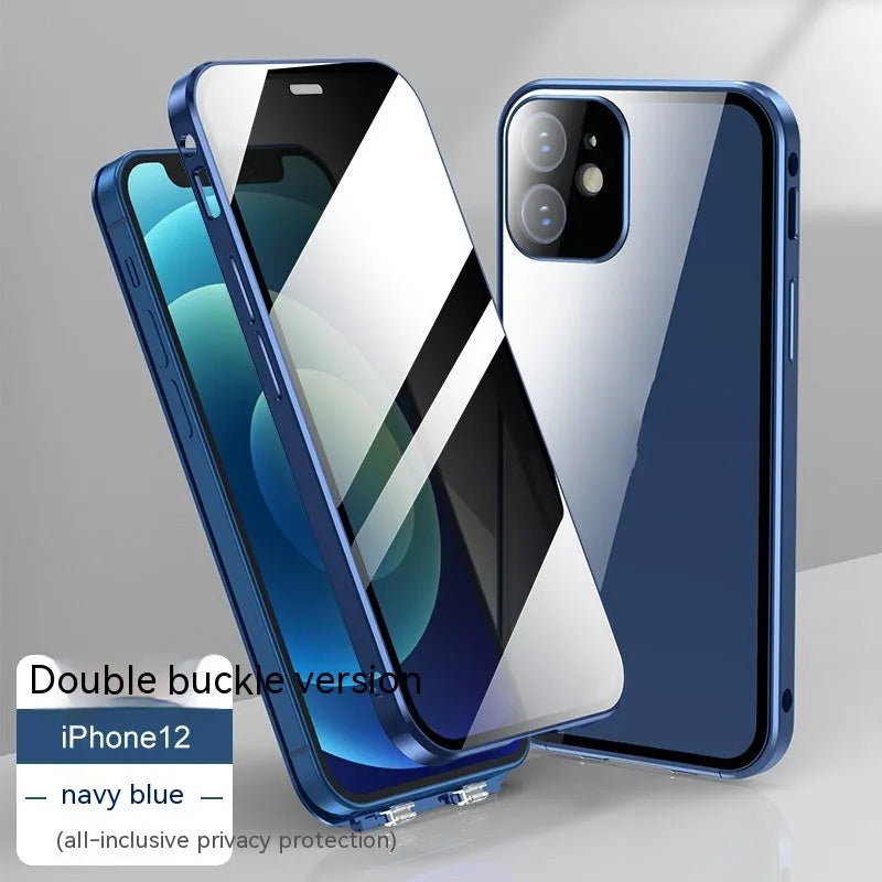Glass iPhone case with double-sided buckle shown in multiple colours: black, blue, gold, green, and silver grey.