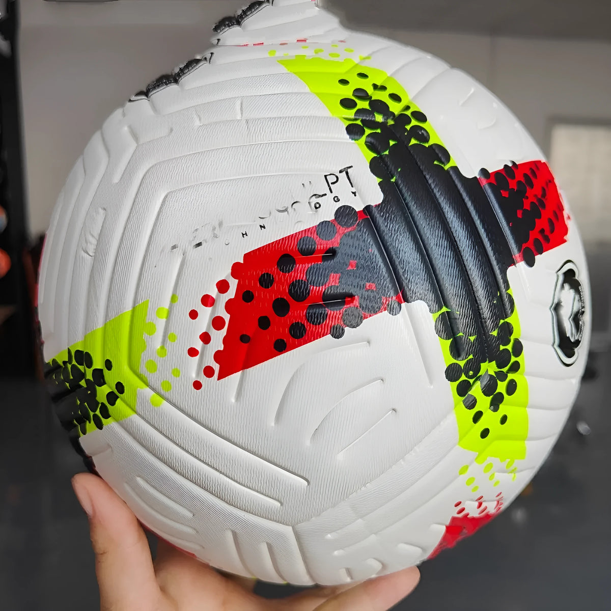 Fluorescent green size 5 football with seamless thermal adhesive construction