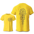 Man wearing a grey t-shirt with a detailed Viking Rune Compass graphic printed on the chest.