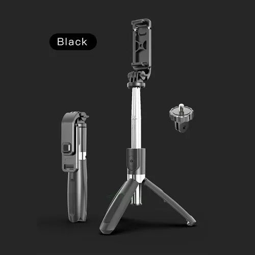 Black Bluetooth selfie stick with tripod base extended, showing wireless remote and phone mounted.