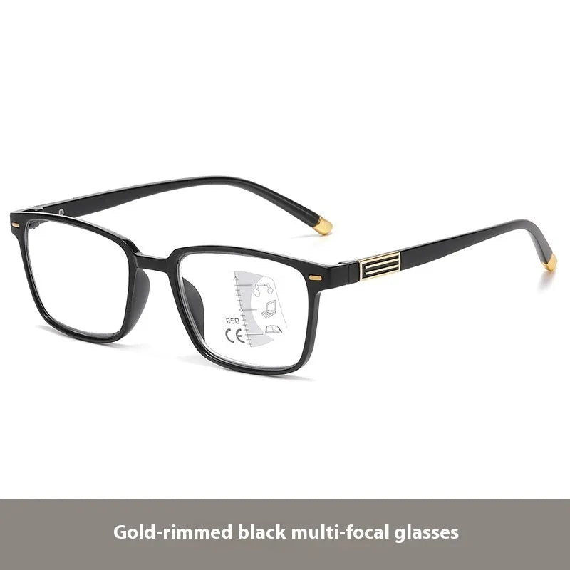 Multifocal reading glasses with color changing PC lens and black frame available in multiple degrees