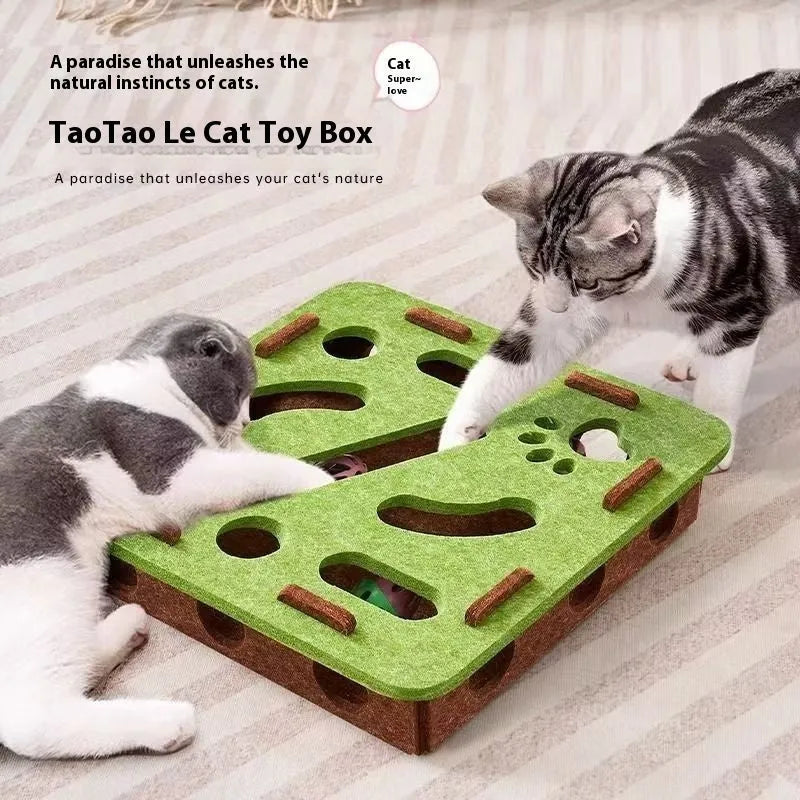 Green brown felt cat scratching toy box with internal maze holes measuring 30cm