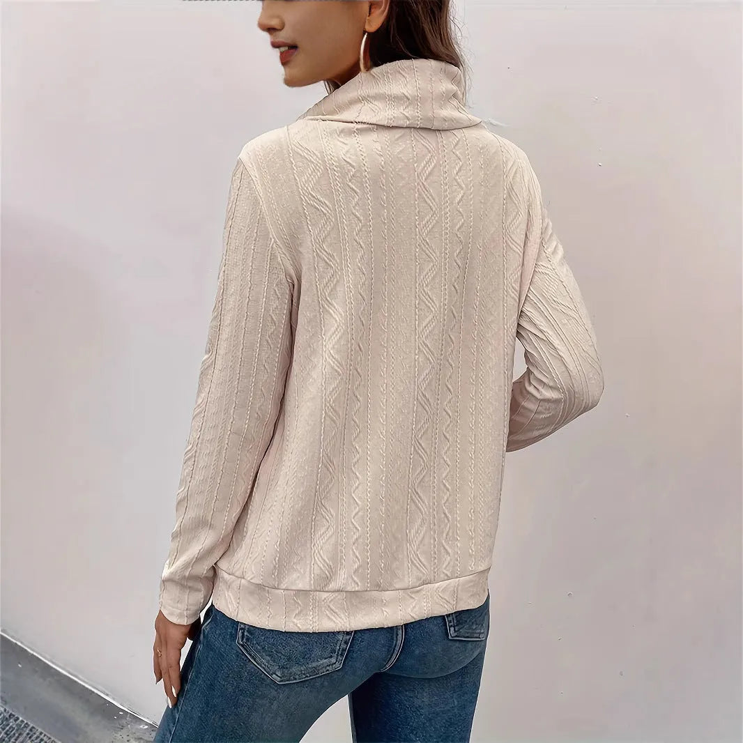 Apricot coloured long sleeve hooded pullover sweater with drawstring