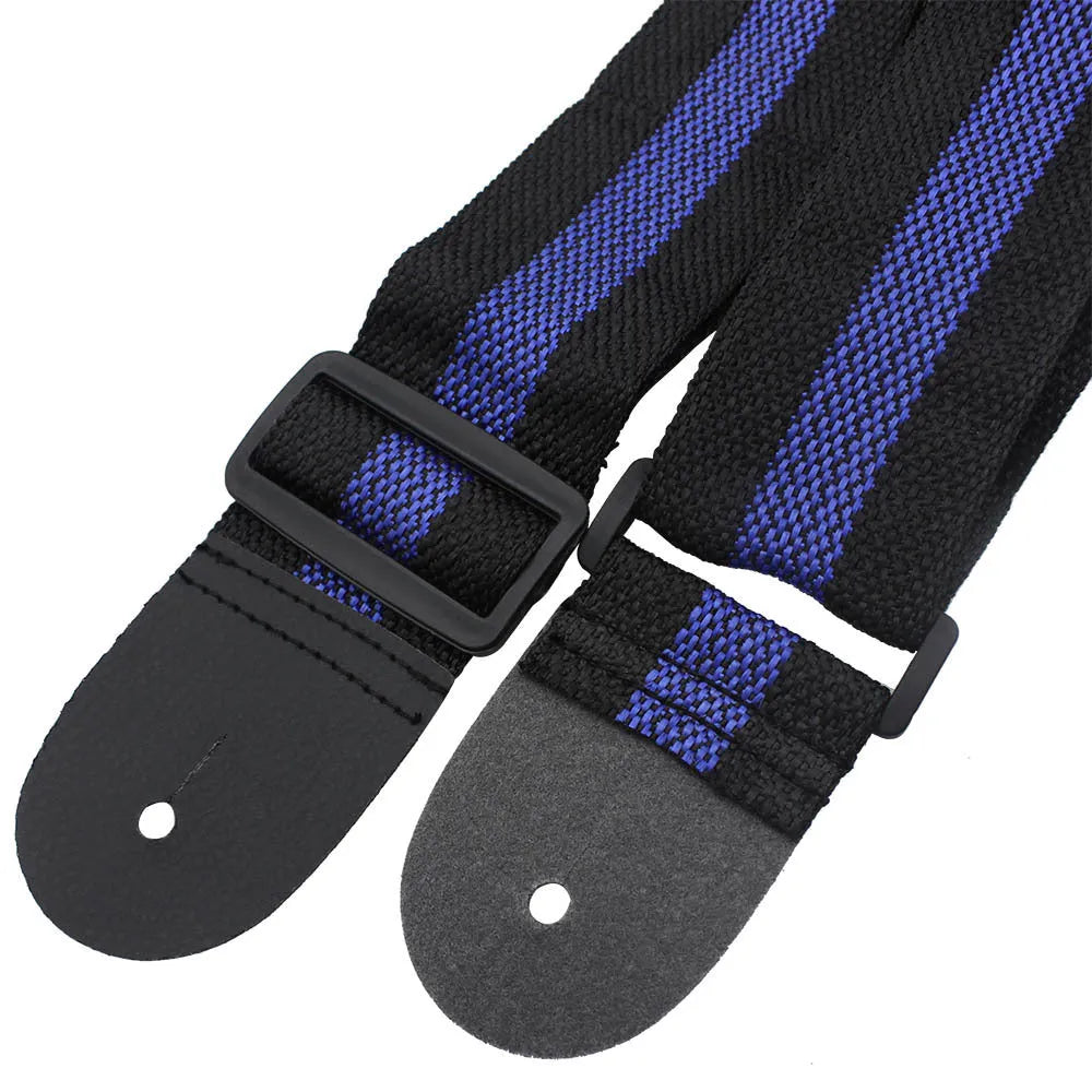Woven crossbody musical instrument strap in multiple colours with clip-on hooks for guitar, bass, and ukulele.
