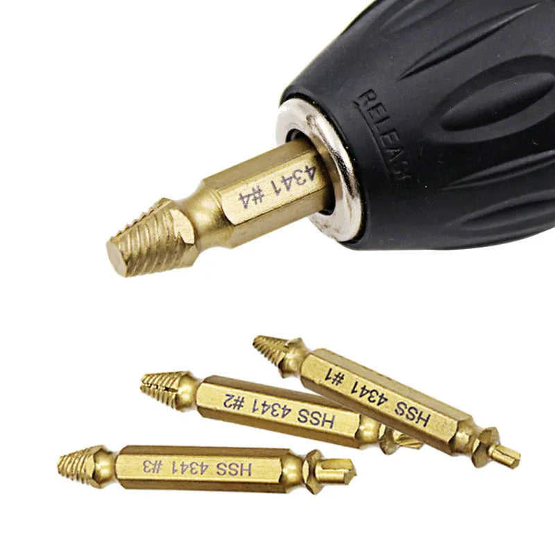 Five-piece 4341 high-speed steel screw extractor set for removing stripped screws and metal nails