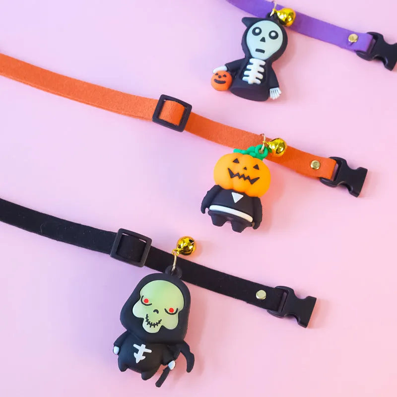 Halloween dog collar with glow designs in four adjustable sizes for seasonal pet dressing