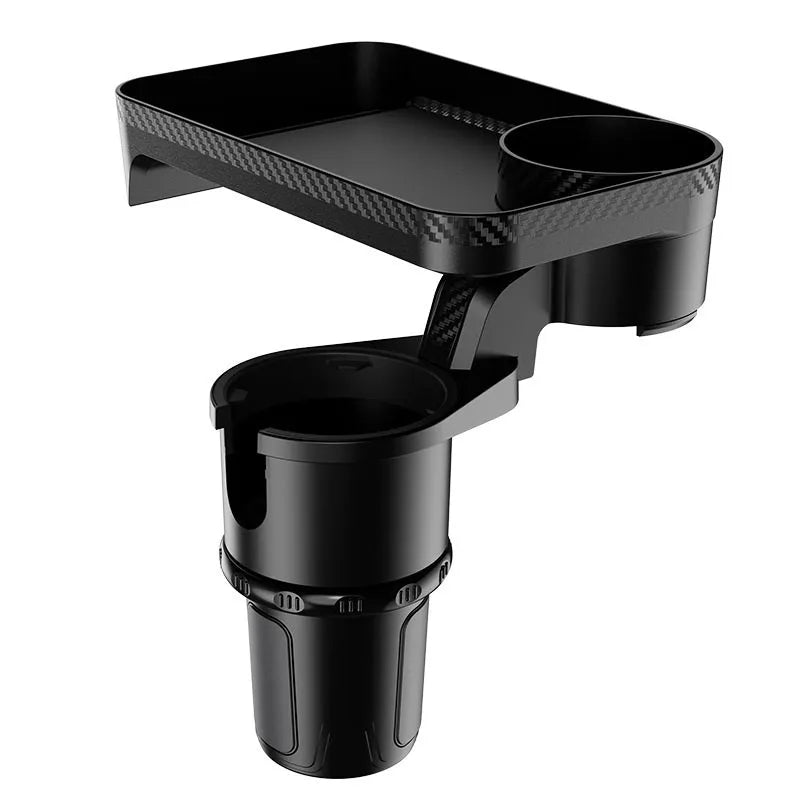 Black ABS plastic car cup holder with 360-degree rotating dinner plate on vehicle dashboard