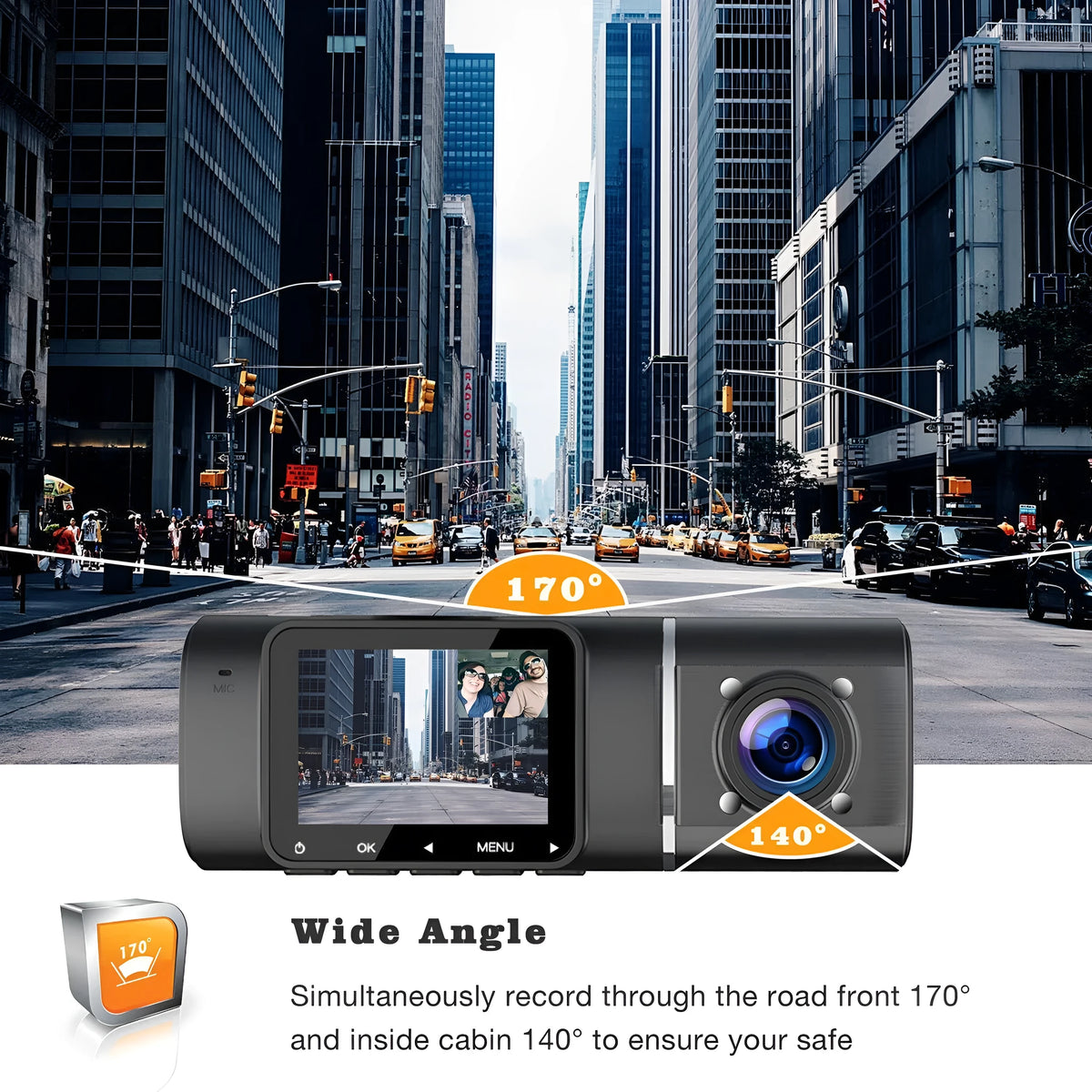 Black dual-lens car dash camera for front and rear recording with parking surveillance mode