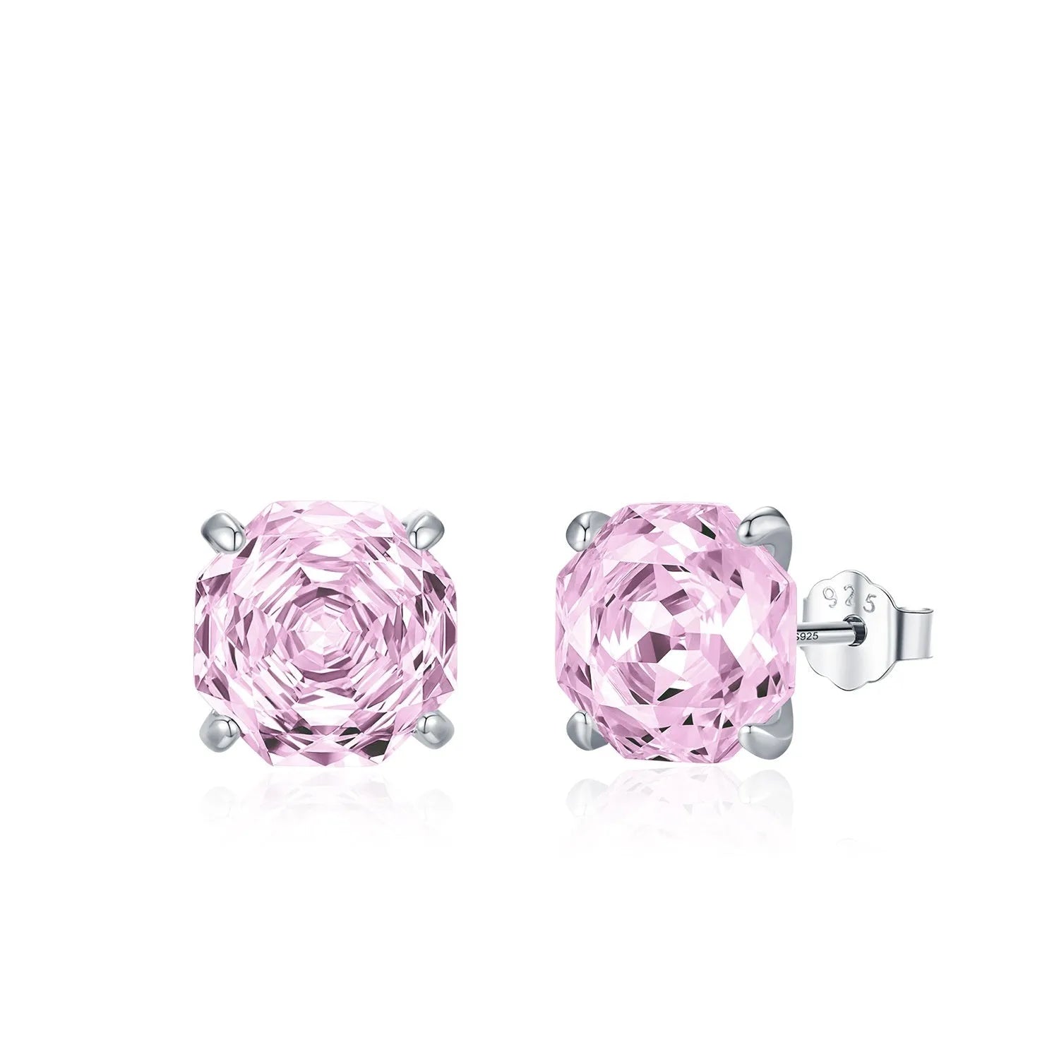 Close-up of a pair of pink rose-shaped stud earrings made of S925 sterling silver, shown front and back.