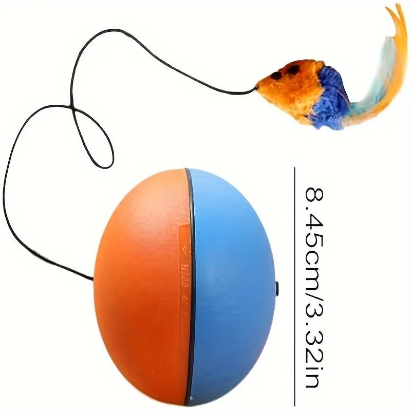 Blue and orange soft plush mouse cat toy for interactive indoor exercise.