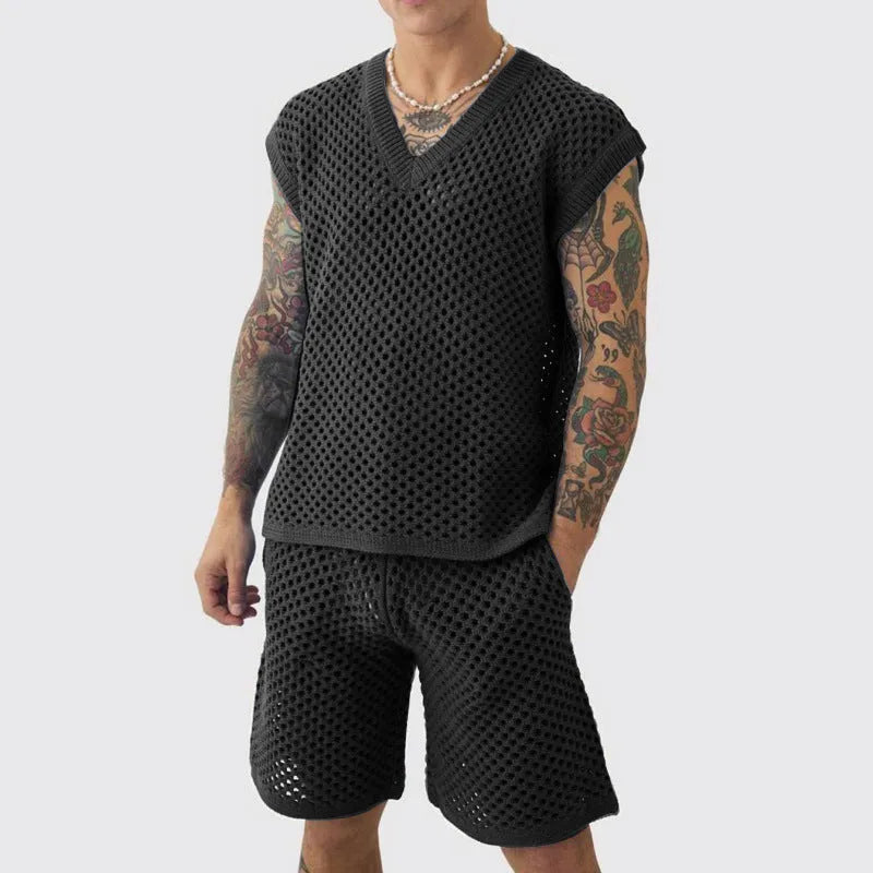 Men's blue V-neck vest with matching shorts sports suit