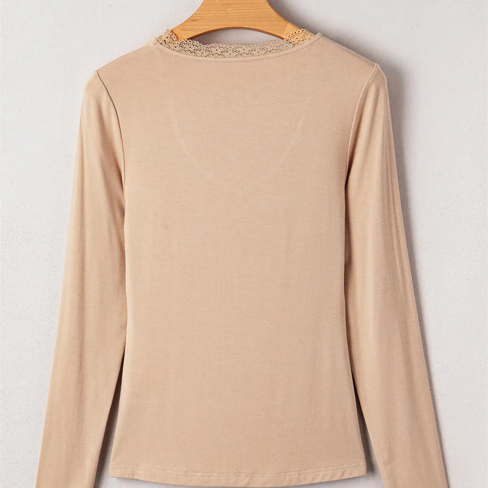 Red women's long sleeve casual top with lace trim detail and slim fit silhouette