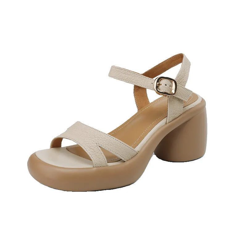 Women's open toe platform sandals in beige colour with microfiber upper and rubber sole