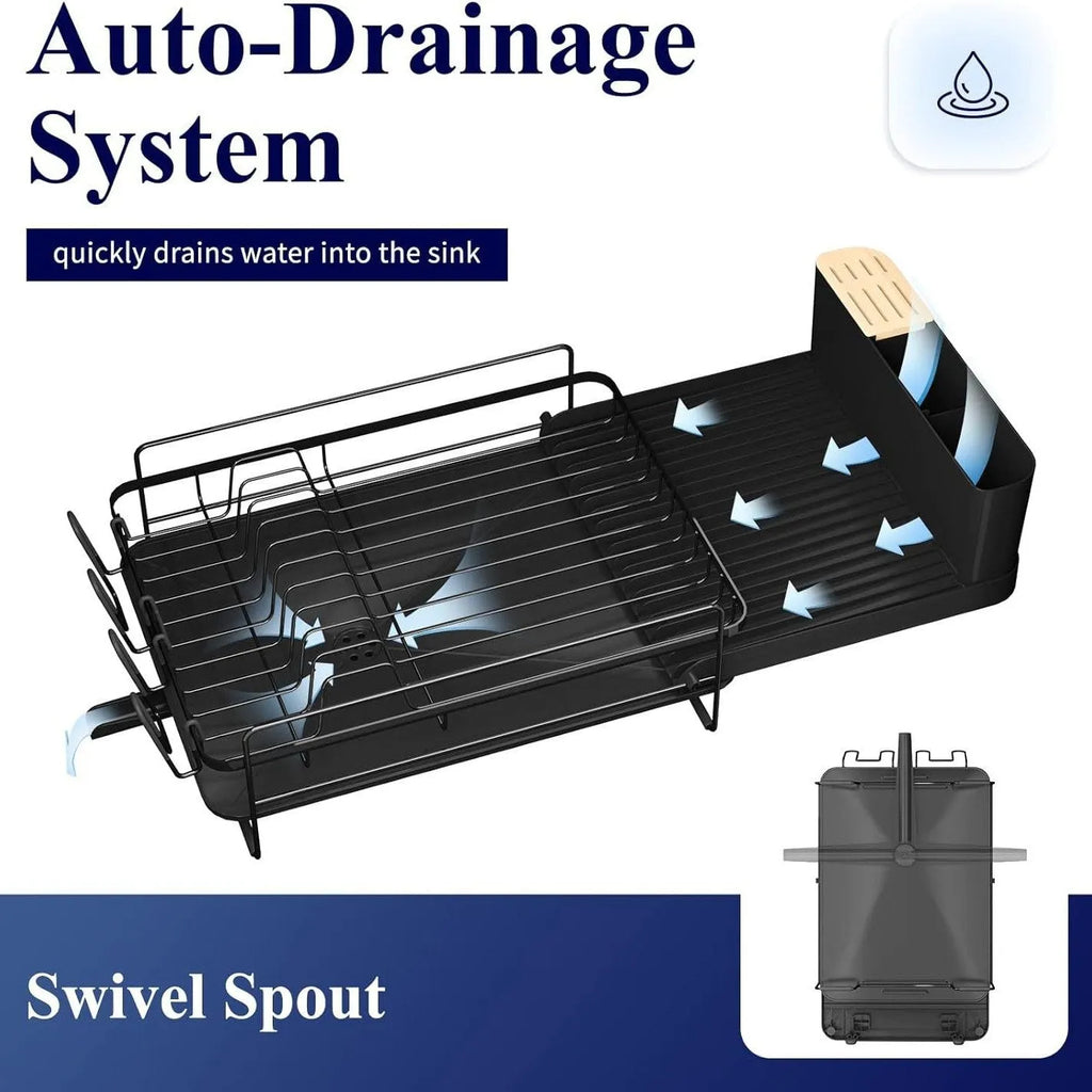 Foldable carbon steel kitchen drain rack for cutlery, knives, forks, spoons, and cups on a worktop.