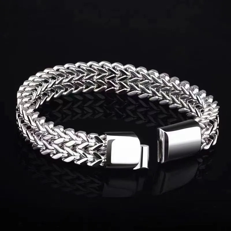 Silver stainless steel geometric hip hop bracelet showing front and back matching design