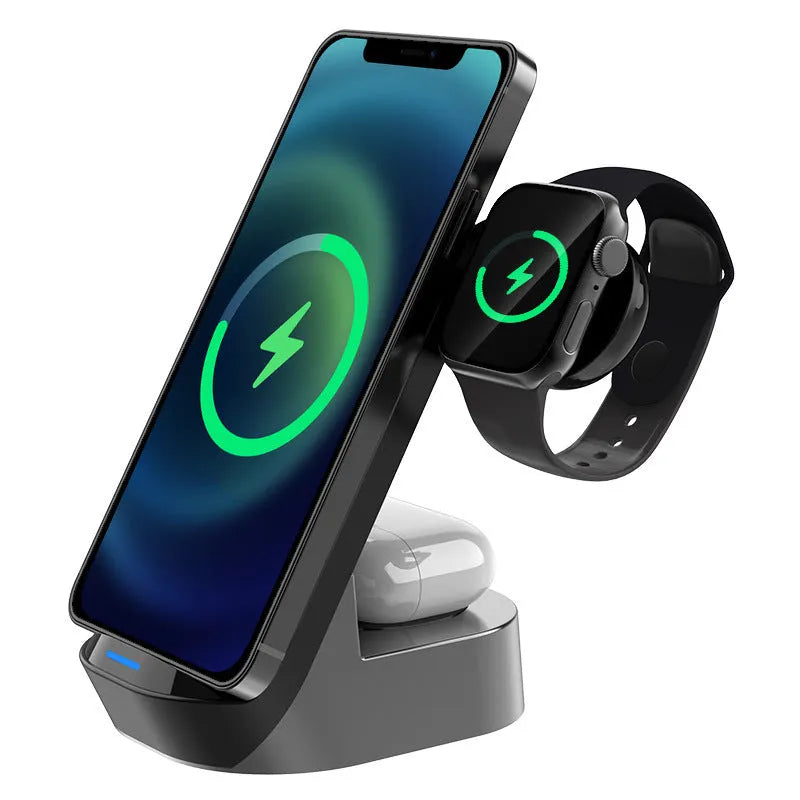 Black-grey foldable 3-in-1 wireless charging vertical stand for phones, watches and headphones