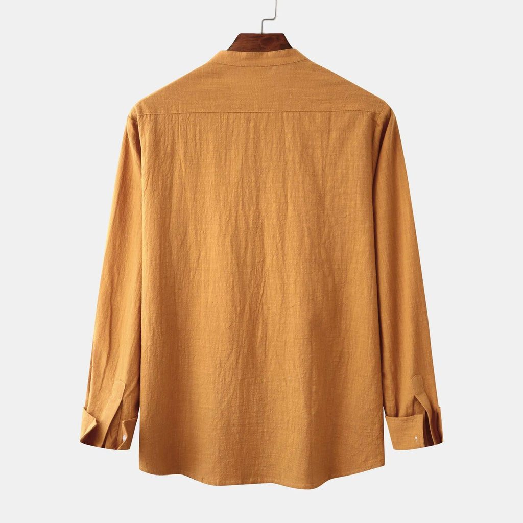 Men's slim-fit brown cotton blend long sleeve shirt on hanger