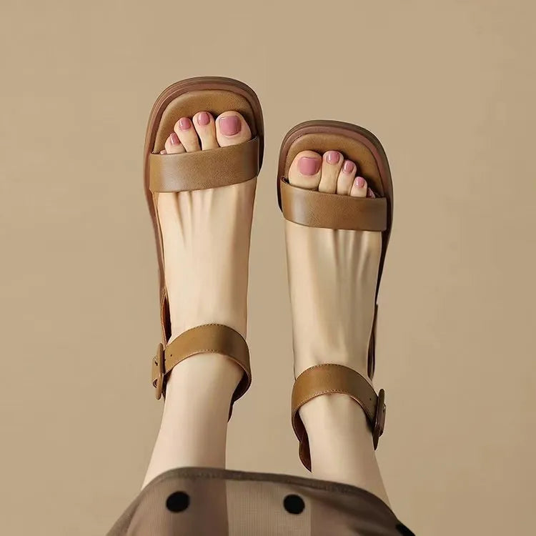 Retro ankle-strap platform heels for women in khaki colour with round toe and PU leather construction