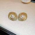Women's vintage flower earrings with exaggerated pearl drops and gold-tone electroplated finish