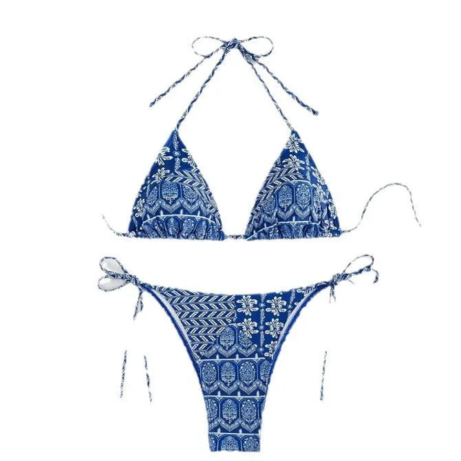 Women's split bikini swimsuit with stitching bandage design in polyester fabric for swimming