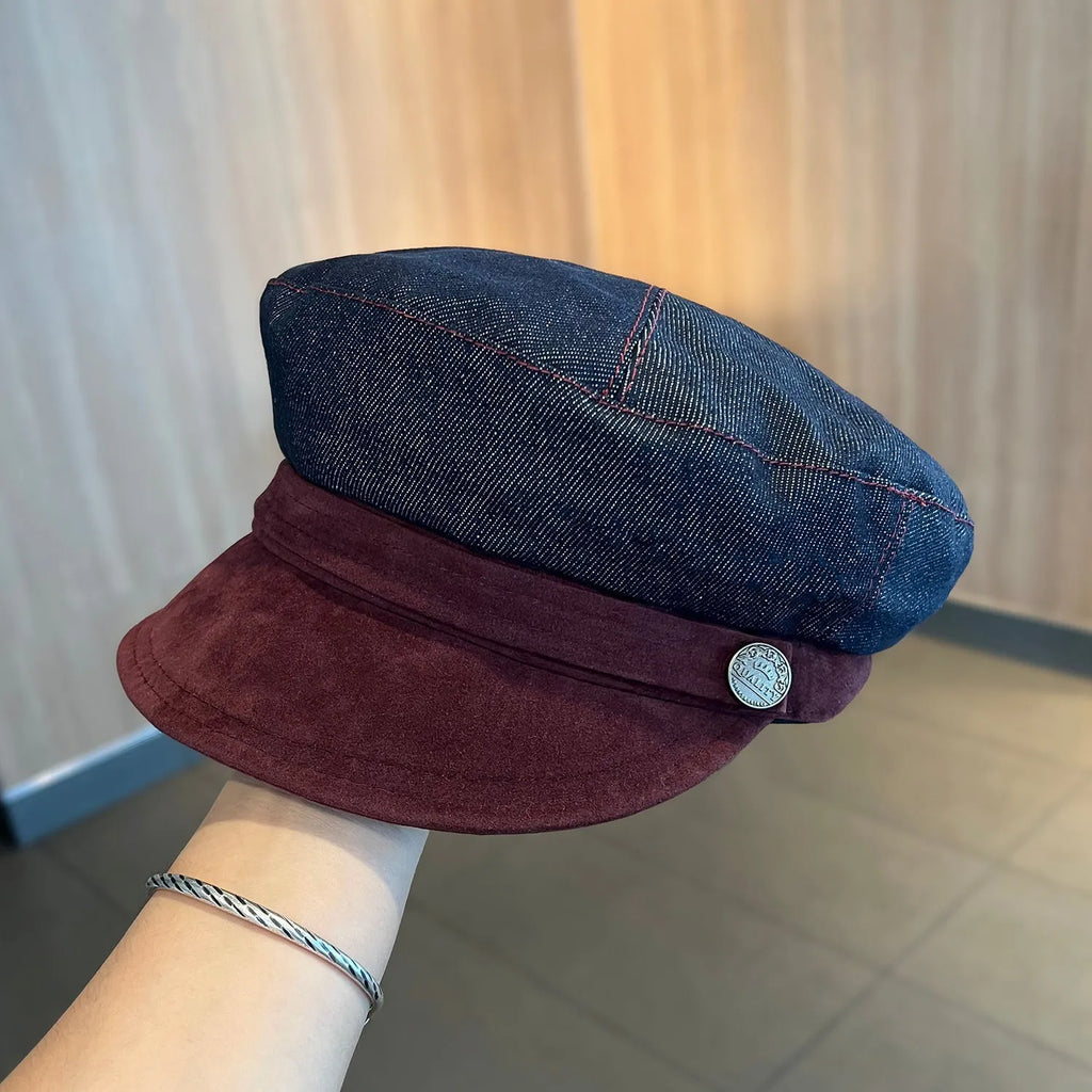 British retro octagonal denim newsboy hat with adjustable sizing