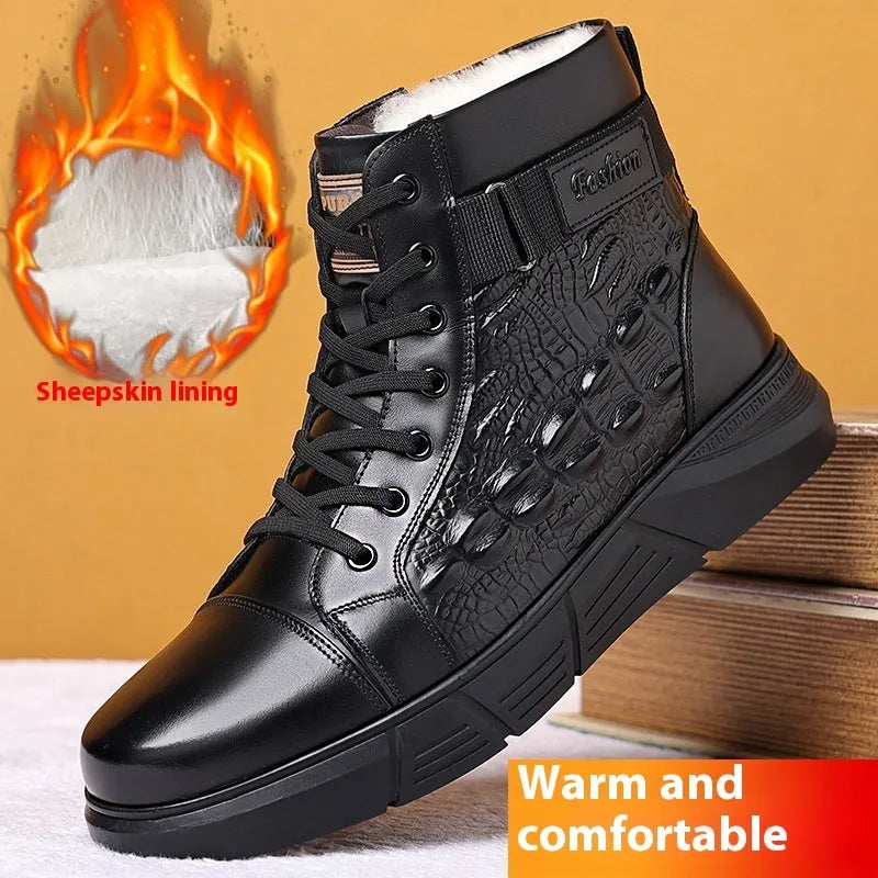 Black and brown velvet finish lace-up snow boots with faux fur lining and rubber soles