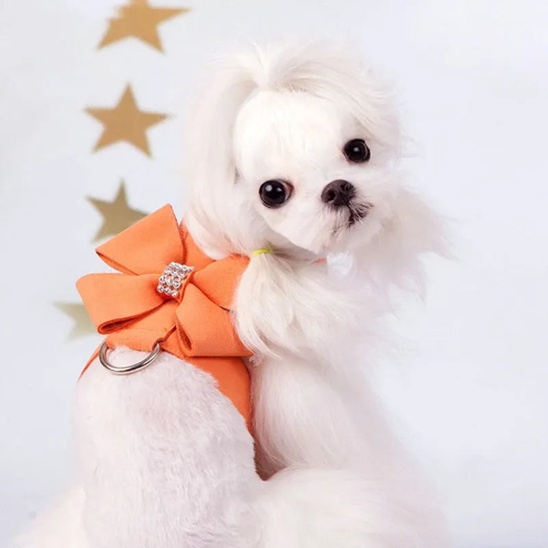 Pink blue orange dog harness with bowknot on adjustable microfiber chest strap