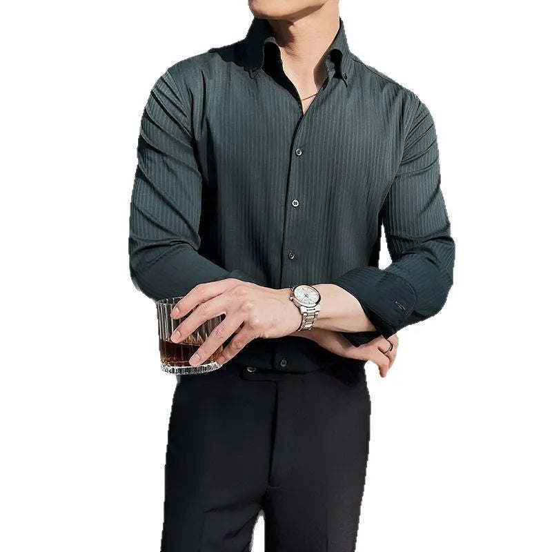 Men's dark striped V-neck long sleeve cardigan shirt in chemical fibre blend fabric