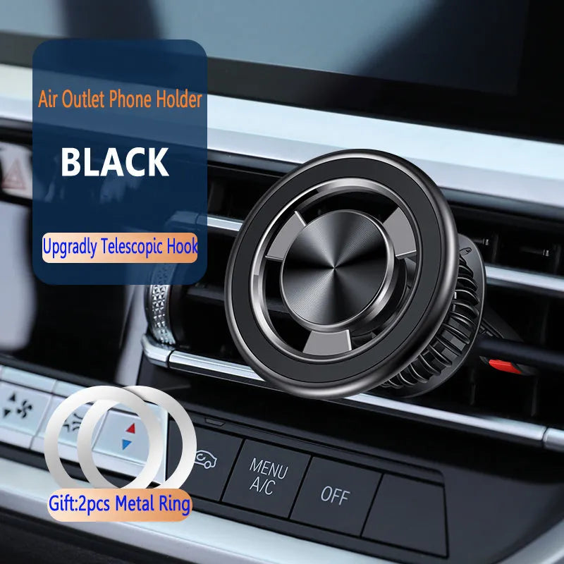 Silver and black car air vent magnetic phone holder with alloy bracket and magnetic plate
