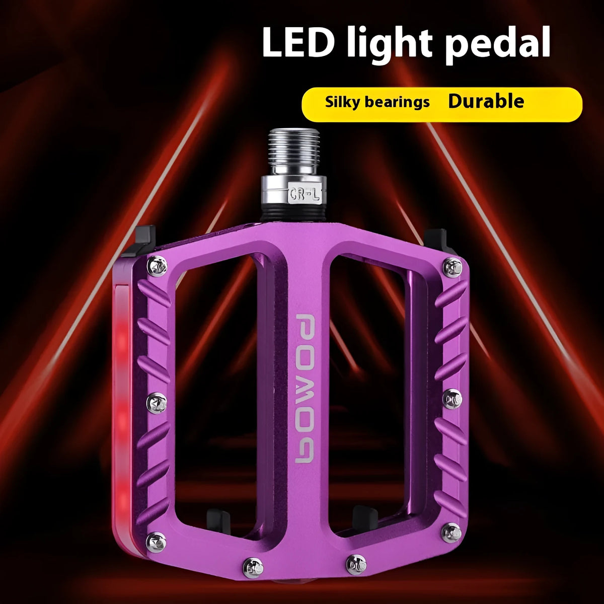 Bicycle pedal with integrated LED lights in aluminium alloy construction showing colour options