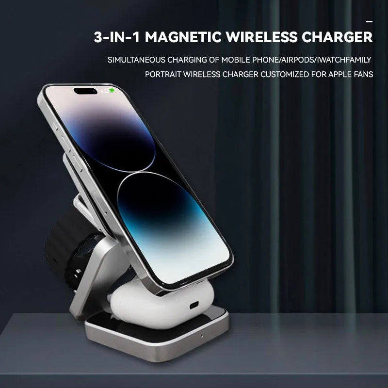 Folding desktop wireless charging bracket holding a phone and a smartwatch at an angle.