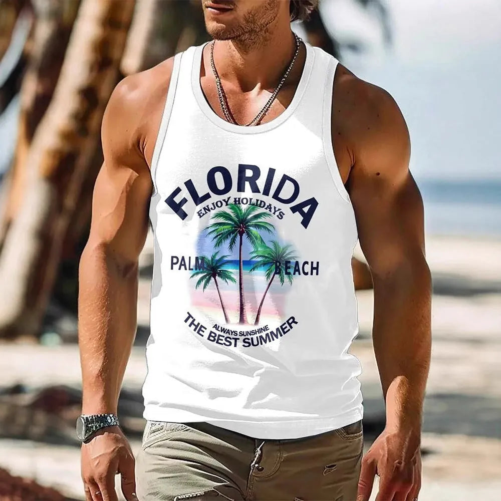 Men's 3D printed sleeveless vest t-shirt in solid colour pinhole cloth polyester