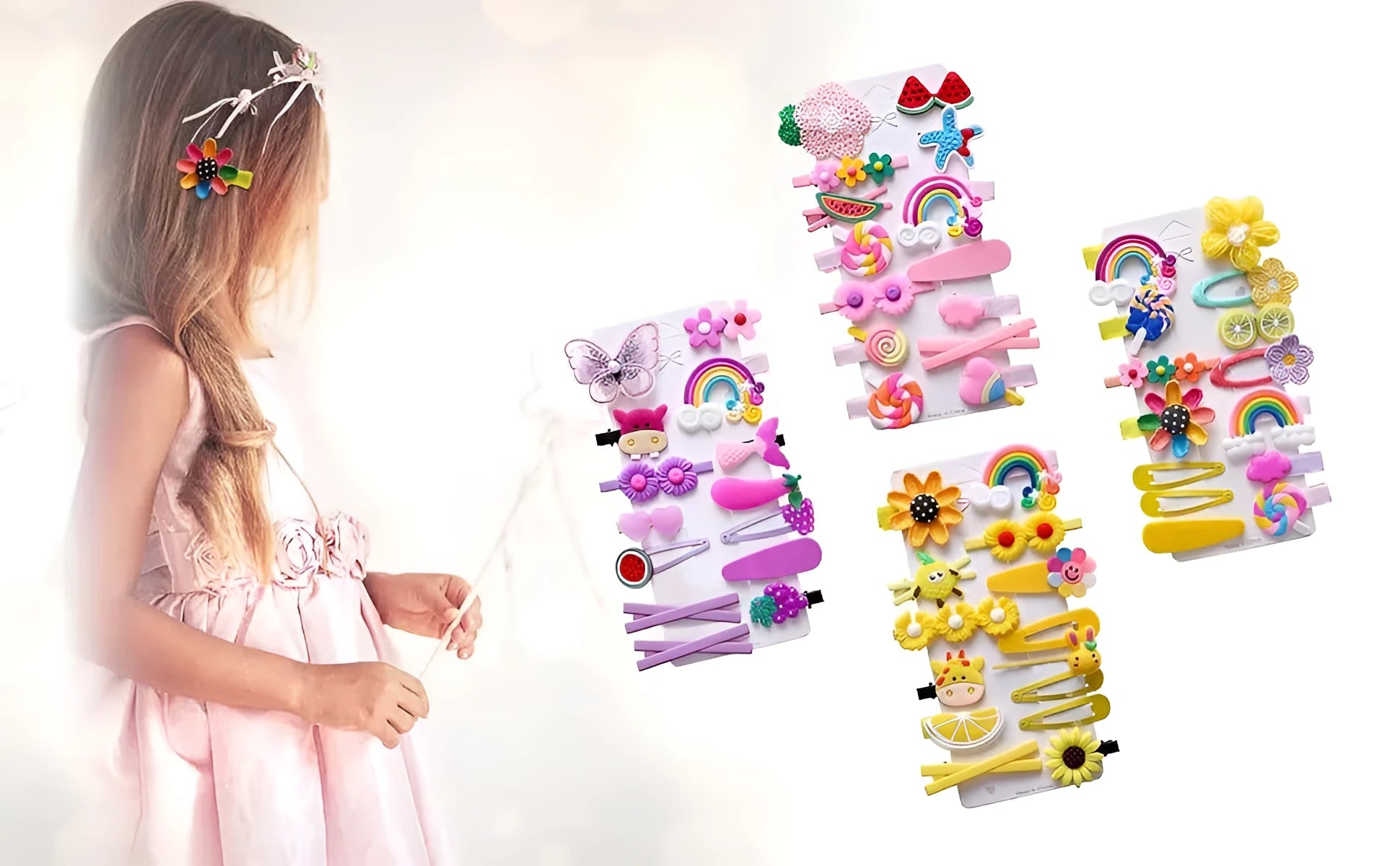 14-piece set of colourful toddler hair clips with rainbow, candy fruit, butterfly, and ice cream designs.