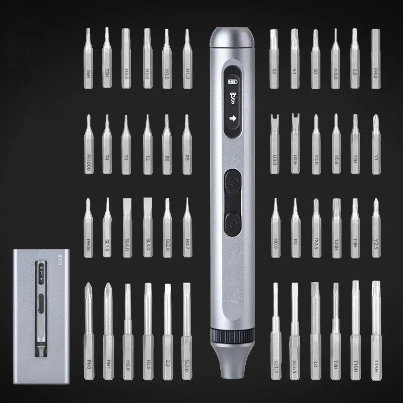 Compact aluminium electric screwdriver showing scale, displayed with its charging cable and bits.