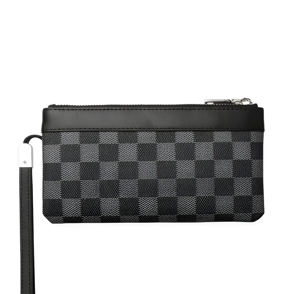 Men's black leather plaid clutch wallet showing 20x10cm dimensions and top layer cowhide texture