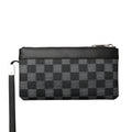 Men's black leather plaid clutch wallet showing 20x10cm dimensions and top layer cowhide texture