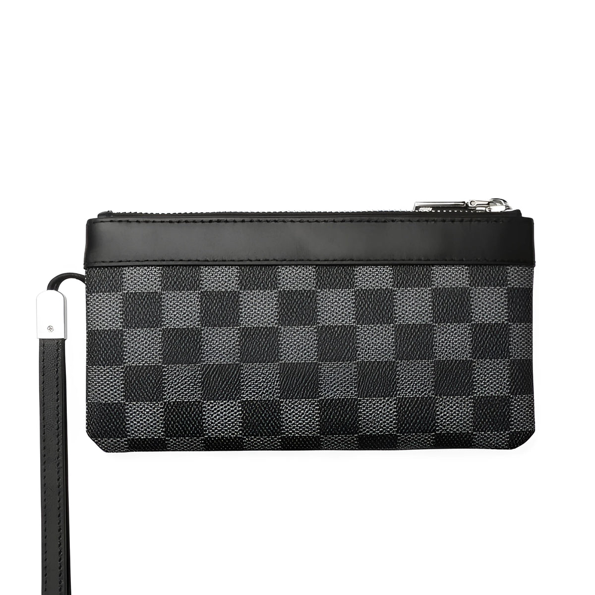 Men's black leather plaid clutch wallet showing 20x10cm dimensions and top layer cowhide texture