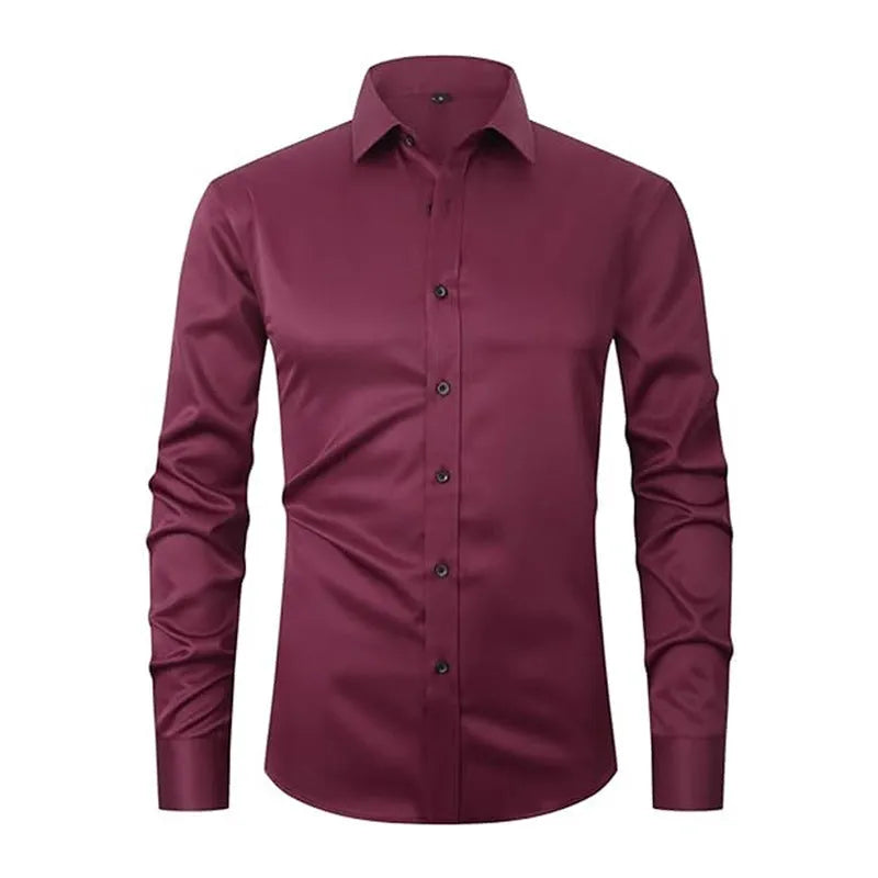 Men's stretch long sleeve work shirt in polyester, showing colour options and size range up to 3XL.