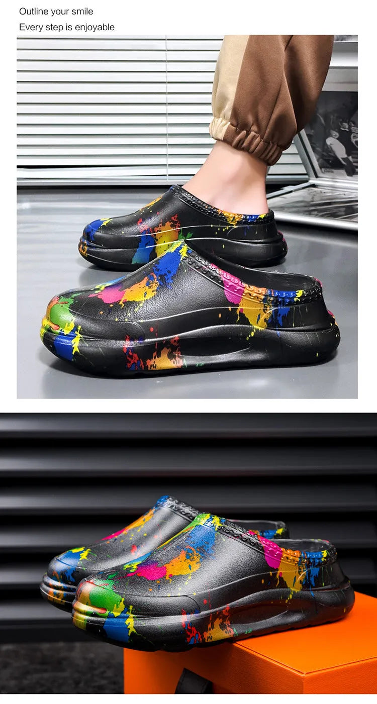 Men's black waterproof EVA work slippers with toe cap and textured sole for kitchen safety