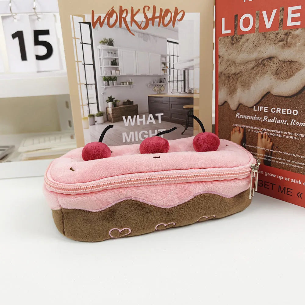 Cherry Cake plush velvet pencil case with zip closure in Korean style design