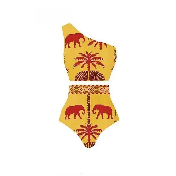 Women's polyester one-piece swimsuit showing multiple colour options including black, yellow, and printed designs